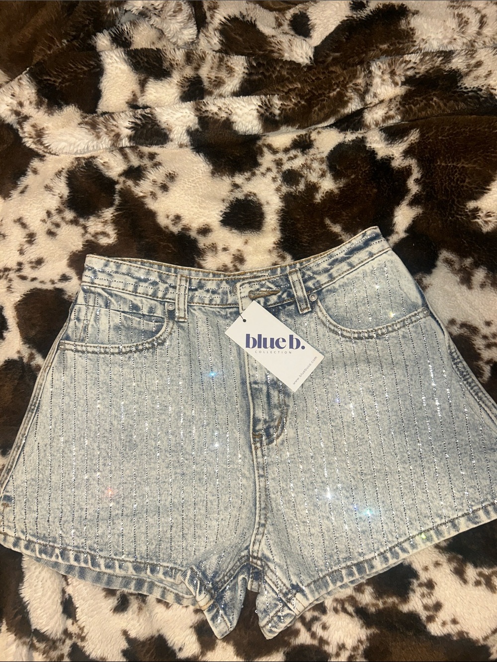 blue b. Light Blue Sparkle High-Rise Denim Shorts